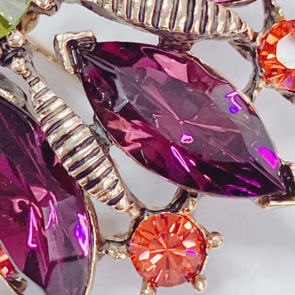 Signed Graziano Jewel Tone Green Purple Rhinestone Floral Brooch 1980s Gold Tone - Picture 5 of 10